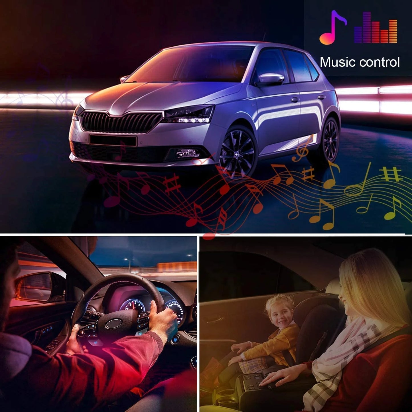 Interior Car Lights, 4 Pcs 48 LED Multi-Color Music Car Lights Strip under Dash Lighting Kit with Sound Active Function & App Control, USB DC 5V