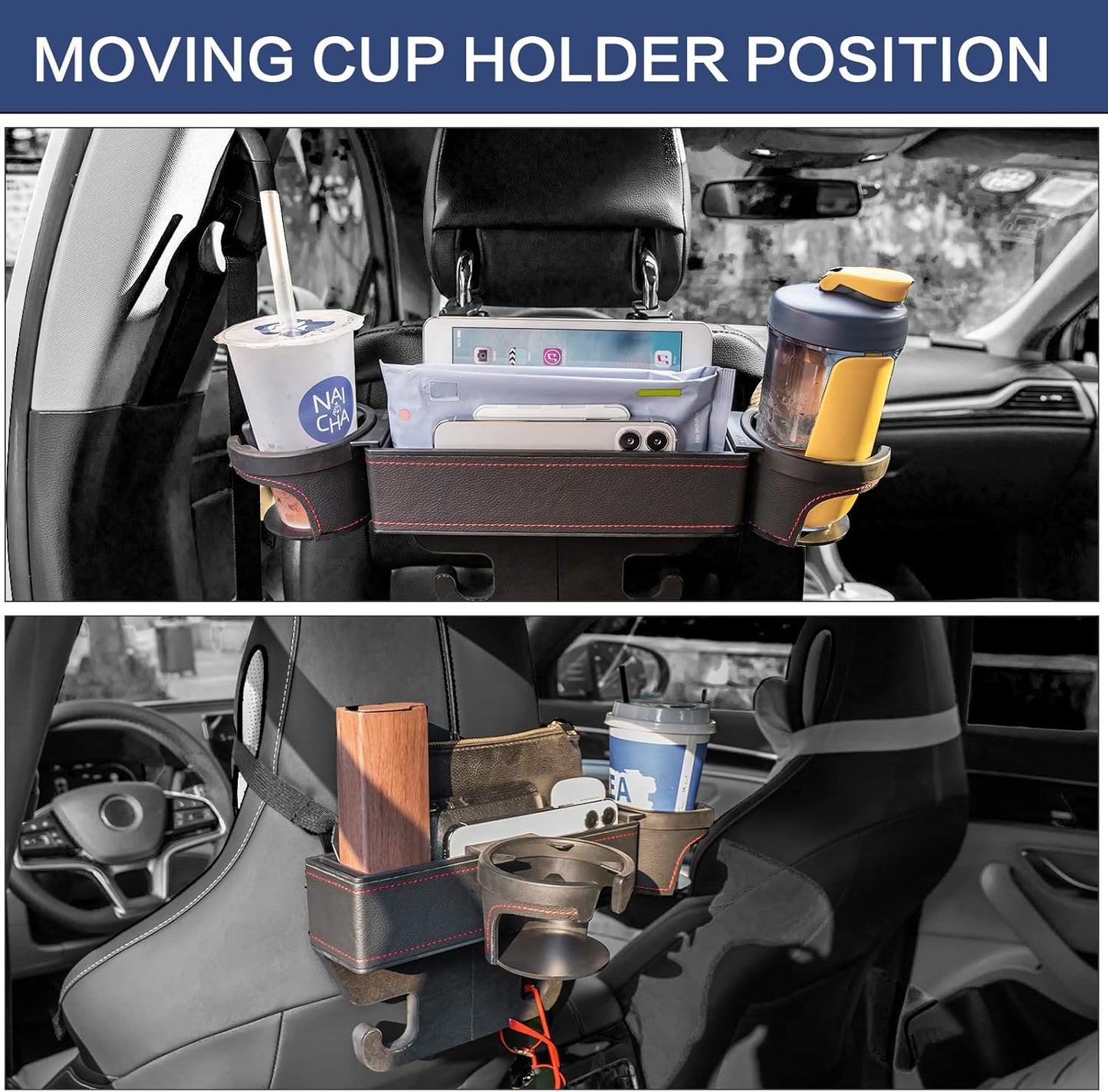 Tesla Rear Seat 2 Cup Holder, Car Rear Seat Two Big Cup Holder, Backseat Oraginzer, Side Cup Holder with Two Cup Holder, DIY Position, Storage Box for Money, Card, Holding Phone, Wallet