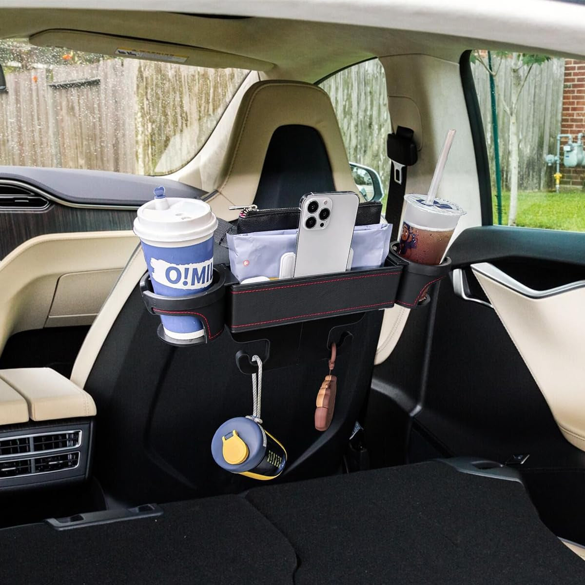 Tesla Rear Seat 2 Cup Holder, Car Rear Seat Two Big Cup Holder, Backseat Oraginzer, Side Cup Holder with Two Cup Holder, DIY Position, Storage Box for Money, Card, Holding Phone, Wallet