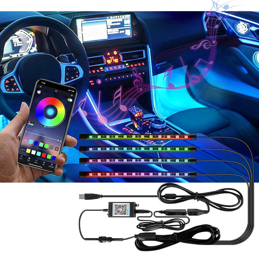 Interior Car Lights, 4 Pcs 48 LED Multi-Color Music Car Lights Strip under Dash Lighting Kit with Sound Active Function & App Control, USB DC 5V